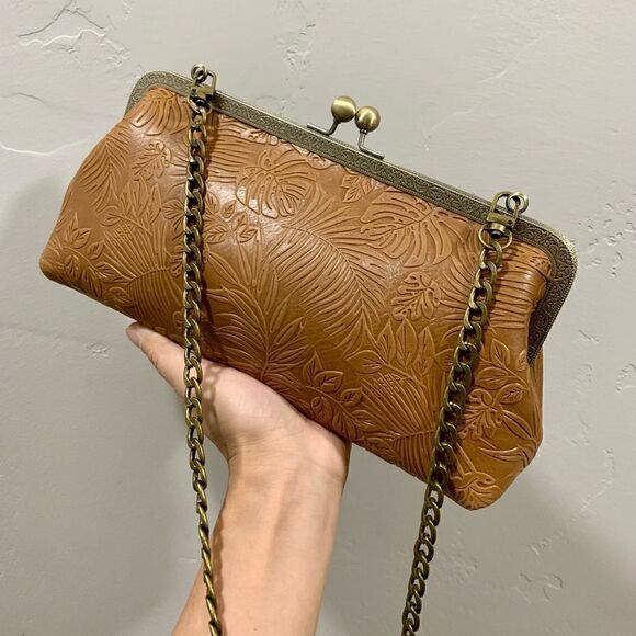 Handmade Genuine Leather Embossed Leaves Kisslock Clutch/Shoulder Bag/Crossbody - Picture 12 of 13